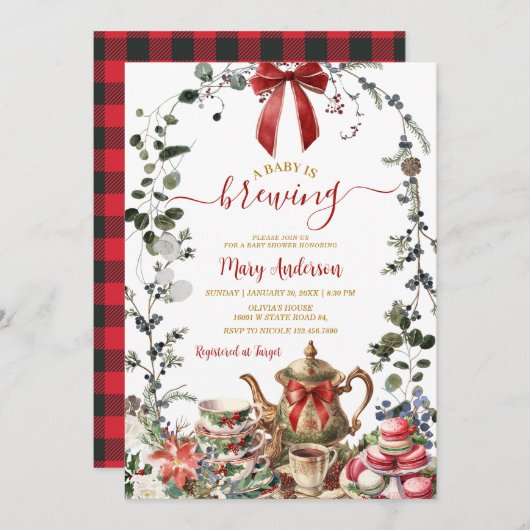 Christmas Tea Party Baby is Brewing Baby Shower Einladung (Vorne/Hinten)