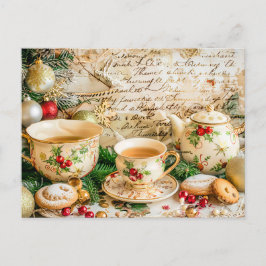 Christmas Teapot Set with Pine Green and Ornaments Postkarte