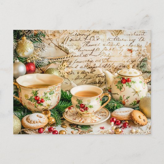 Christmas Teapot Set with Pine Green and Ornaments Postkarte (Vorderseite)