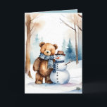 Christmas Teddy Bär und Snowman Feiertagskarte<br><div class="desc">Niedlicher Teddybär in Aquarellfarbe im Winterwald mit Schneemann. Text ist bearbeitbar.</div>