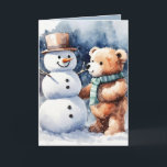 Christmas Teddy Bär und Snowman Feiertagskarte<br><div class="desc">Niedlicher Teddybär in Aquarellfarbe in Schneeflocken mit Schneemann. Text ist bearbeitbar.</div>