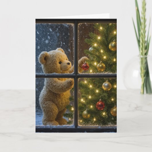 Christmas Teddy Bear Decorating a Tree Karte (Vorderseite)