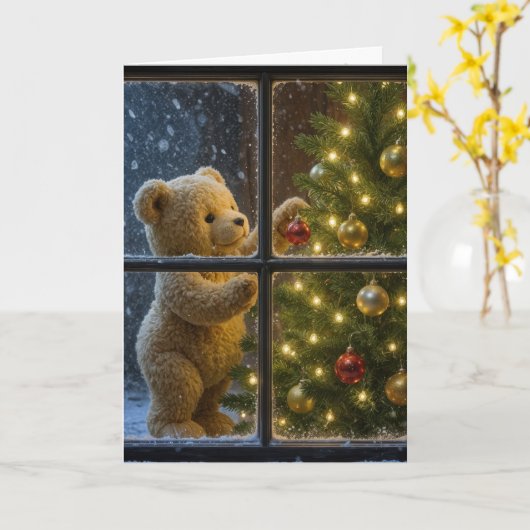 Christmas Teddy Bear Decorating a Tree Karte (Gelbe Blume)