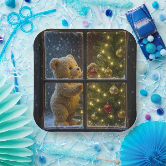 Christmas Teddy Bear Decorating a Tree Pappteller (Party)