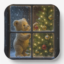 Christmas Teddy Bear Decorating a Tree