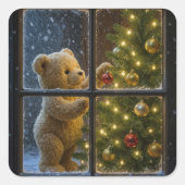 Christmas Teddy Bear Decorating a Tree Quadratischer Aufkleber (Vorderseite)