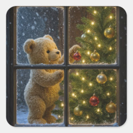 Christmas Teddy Bear Decorating a Tree Quadratischer Aufkleber