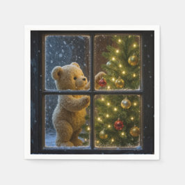 Christmas Teddy Bear Decorating a Tree Serviette