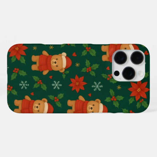 Christmas Teddy Bear Pattern – Cute Green Holiday iPhone Hülle (Rückseite (Horizontal))