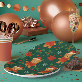 Christmas Teddy Bear Pattern – Cute Green Holiday Pappteller