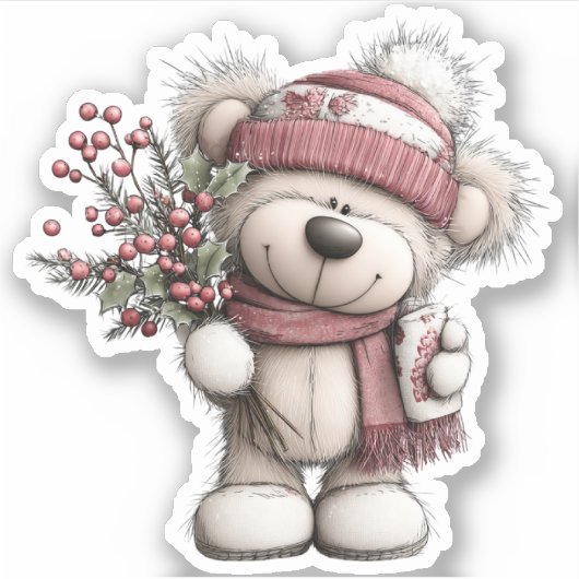 Christmas Teddy Bear Sticker | Cozy Winter Scene (Vorderseite)
