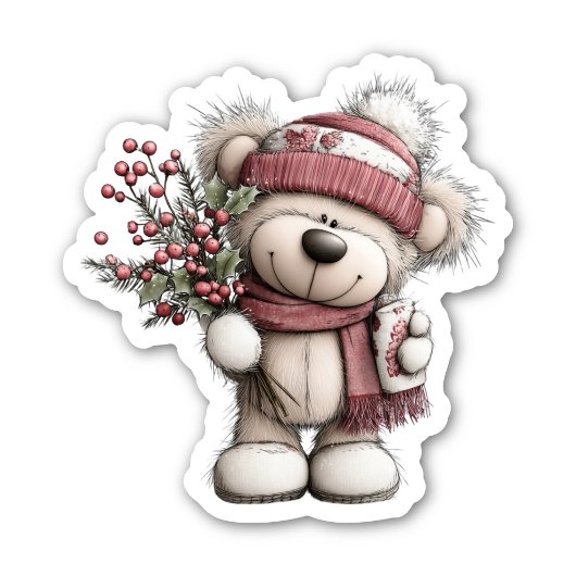 Christmas Teddy Bear Sticker | Cozy Winter Scene
