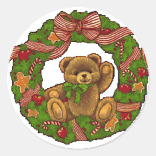 Christmas Teddy Bear Wreath Runder Aufkleber