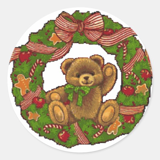 Christmas Teddy Bear Wreath Runder Aufkleber (Vorderseite)