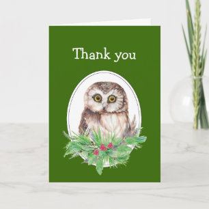 Christmas Thank you Cute Owl Bird Holly Dankeskarte