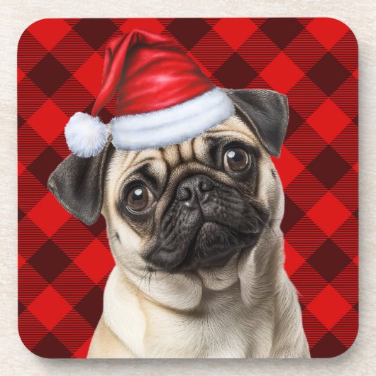Christmas Themed Pug Dog Holiday Buffalo Plaid Getränkeuntersetzer (Vorderseite)