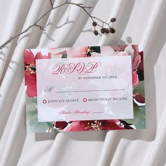 Christmas Themed Red Floral Wedding RSVP Karte