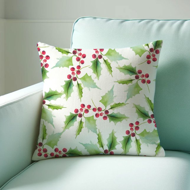 Christmas Throw Pillow Watercolor Holly Berry Kissen (Christmas throw pillow watercolor red and green holly by Victoria Grigaliunas Do Tell A Belle)