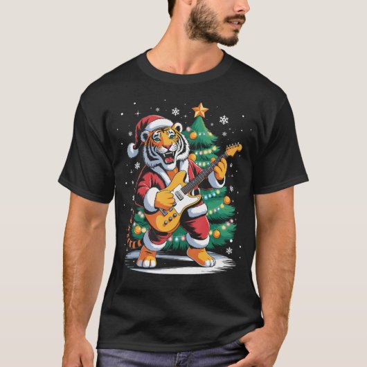 Christmas Tiger Playing Guitar Music Santa Hat Xma T-Shirt (Vorderseite)