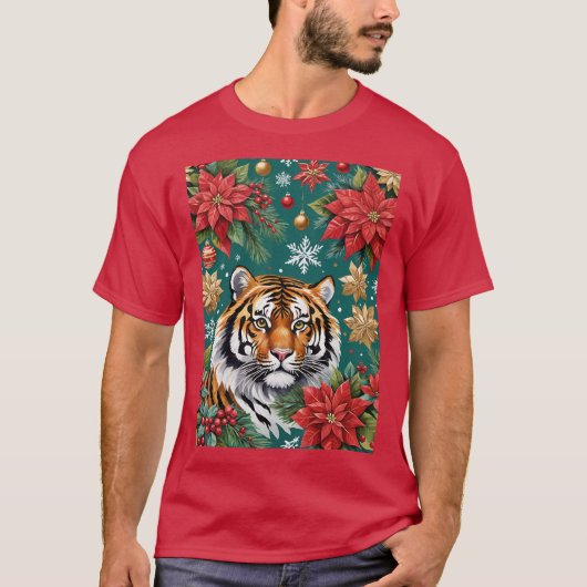 Christmas Tiger With Poinsettias & Snowflakes T-Shirt (Vorderseite)