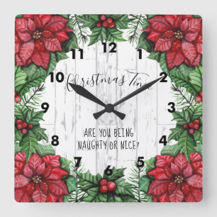 Christmas Time Poinsettia and Holly Berries Quadratische Wanduhr