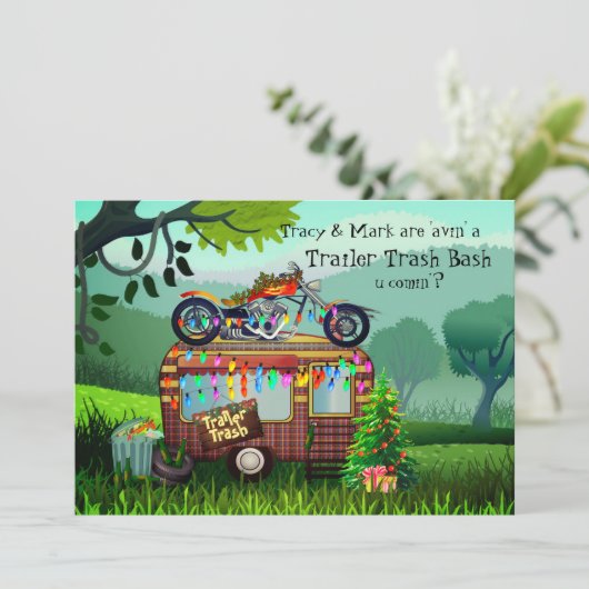 Christmas TRAILER WHITE TRASH BASH Funny Party Einladung (Stehend Vorderseite)