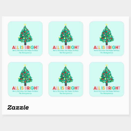 Christmas Tree "All Is Bright" Pastel Personalize Quadratischer Aufkleber (Blatt)