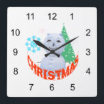 Christmas Tree And Snowman Quadratische Wanduhr<br><div class="desc">Photo of a snowman, drawing of a Christmas tree and two snowflakes, red text Christmas. Prints, t-shirts and gifts for fun and good mood. Enjoy Christmas and New Year season</div>