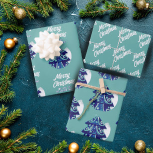 Christmas Tree Artistic Blue Merry Script Geschenkpapier Set