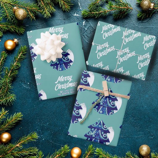Christmas Tree Artistic Blue Merry Script Geschenkpapier Set