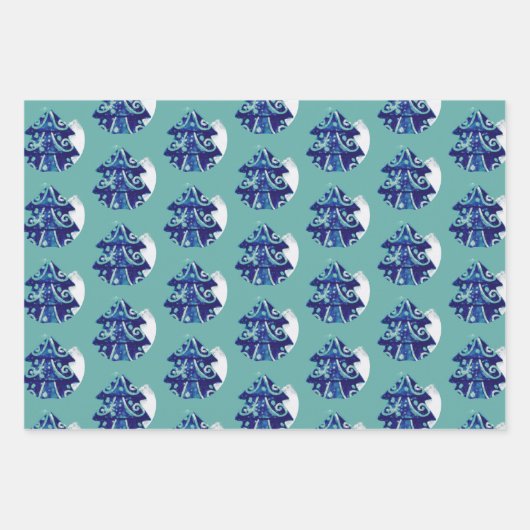 Christmas Tree Artistic Blue Merry Script Geschenkpapier Set (Vorderseite 2)