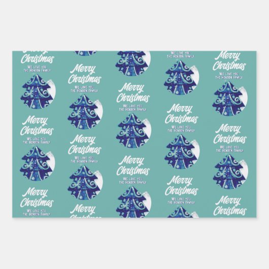 Christmas Tree Artistic Blue Merry Script Geschenkpapier Set (Vorderseite)