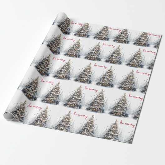 Christmas Tree Blue Gold Satin Be Merry Geschenkpapier (Ungerollt)