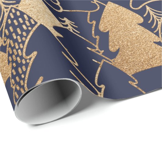 Christmas Tree Blue Navy Gold Extravaganter Glitze Geschenkpapier (Rolleneckpunkt)