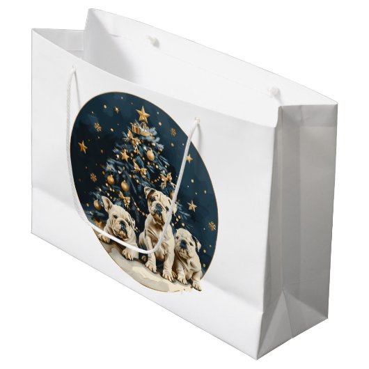 Christmas Tree English Bulldog Puppies Große Geschenktüte (Vorderseite Schrägansicht)