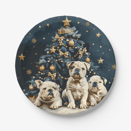 Christmas Tree English Bulldog Puppies Pappteller (Vorderseite)
