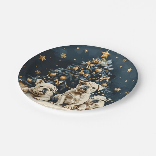 Christmas Tree English Bulldog Puppies Pappteller (Schrägansicht)