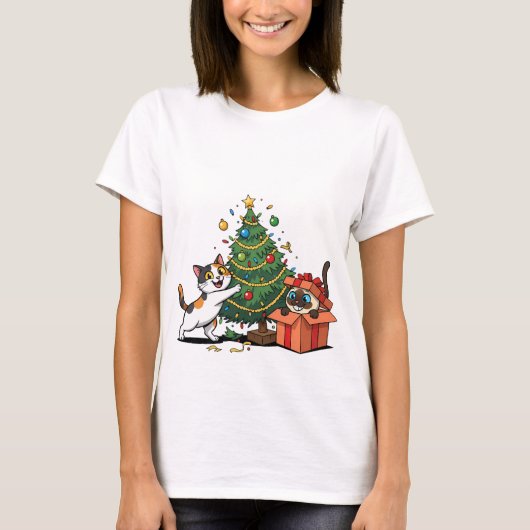 Christmas Tree & Gift Surprise Cats  T-Shirt (Vorderseite)