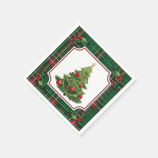 Christmas Tree Green Plaid with Holly Serviette (Ecke)