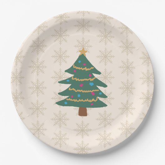 Christmas Tree Illustration Snowflake Pattern Pappteller (Vorderseite)