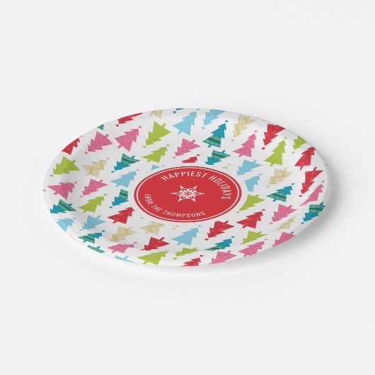 CHRISTMAS TREE PATTERN Festlich modern minimalrot Pappteller (Schrägansicht)