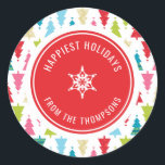 CHRISTMAS TREE PATTERN Festlich modern minimalrot Runder Aufkleber<br><div class="desc">per kat massard >>> www.simplysweetpaperie.com<<< A cute little personalized sticker that can be used for any occasion - handmade craft items for Christmas, small business, or to dress up your personal seasonal stationery. Setup as a template it is easy to customize with your own text - make it yours! >>>...</div>
