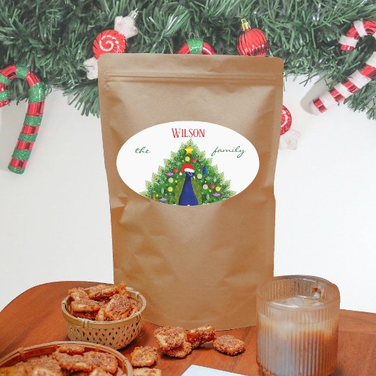 Christmas Tree Peacock Family Name Ovaler Aufkleber