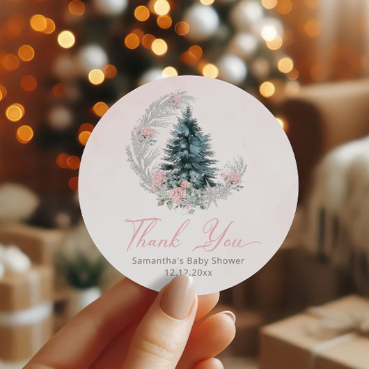 Christmas tree Pink Silver Thank you Runder Aufkleber