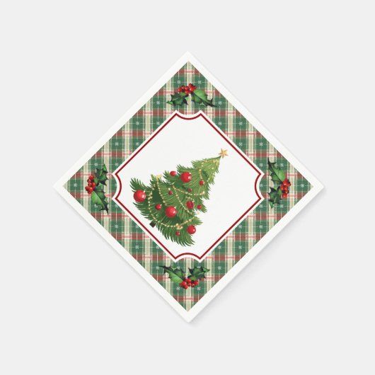 Christmas Tree Plaid with Holly Serviette (Ecke)