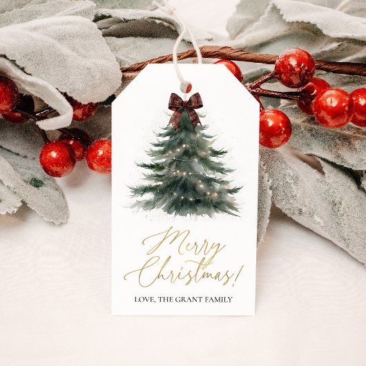 Christmas Tree Red Plaid Bow Holiday Geschenkanhänger