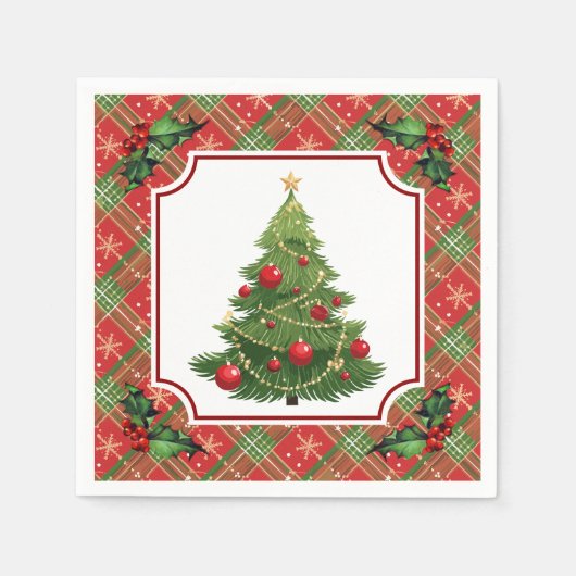 Christmas Tree Red Plaid with Holly Serviette (Vorderseite)