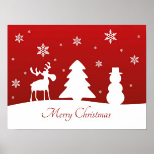 Christmas Tree Reindeer Snowman Poster
