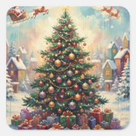 Christmas Tree, Santa Clause Quadratischer Aufkleber
