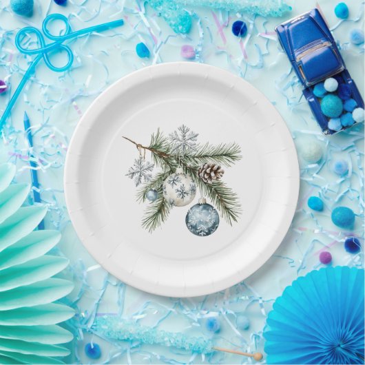 Christmas Tree Silver Snowflakes Blue Ornaments Pappteller (Party)